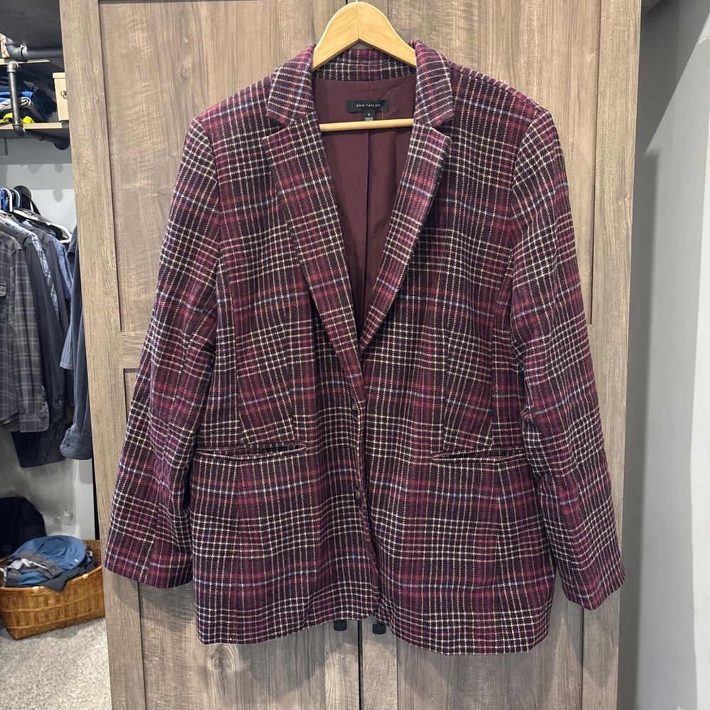 Ann Taylor Burgundy Plaid Wool Blend Blazer Elbow Patches Size 18